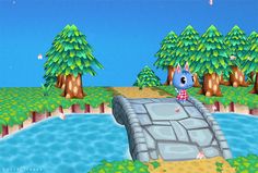 an animal crossing a bridge over a river in the game animal crossing, which is being played on nintendo wii