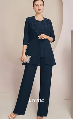 Elevate your formal attire with our M1014 - a 3-piece jumpsuit pantsuit perfect for any formal occasion. The elegant scoop neckline is adorned with sparkling sequins, while the 34-length sleeves provide coverage and style. Make a statement as the mother of the bride or as a wedding guest in this stunning and comfortabl Dressy Pant Suits Classy, Formal Wedding Guests, Mother Of The Bride Dress, Dress Formal, Formal Attire, Bride Dresses, Dress Suits, Formal Wedding, Mother Of The Bride Dresses