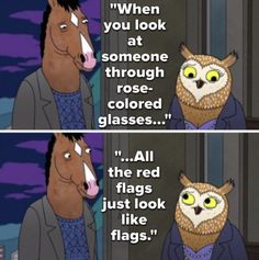 two cartoon pictures with one saying, when you look at someone through colored glasses all the red flags just look like flags