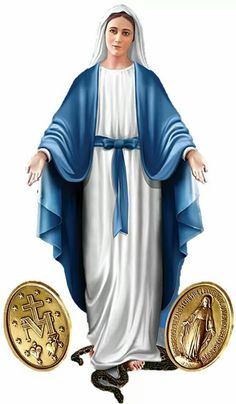 a statue of the virgin mary with two gold coins and a blue robe on it