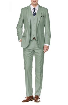 Bring understated elegance to the table in this three-piece suit crafted from rich fabric in a classic single-breasted silhouette. Jacket has notched lapels; chest welt pocket; front flap pockets Vest has front button closure; V-neck Pants have zip fly with button closure; front slant pockets; back button-welt pockets Jacket and vest are lined; trousers are lined to the knee 65% polyester, 35% viscose Dry clean Imported 3 Piece Suit Men, Pocket Vest, Rich Fabric, Three Piece Suit, Pocket Jacket, 3 Piece Suits, Understated Elegance, Nordstrom Store, Tie And Pocket Square