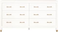 a white dresser with gold handles on it's doors and drawer pulls, against a white background