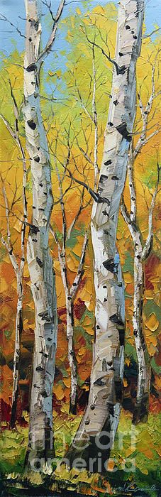 a painting of trees with yellow leaves