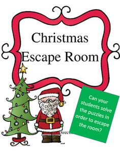 a christmas escape room sign with a santa clause next to a green tree and a red frame