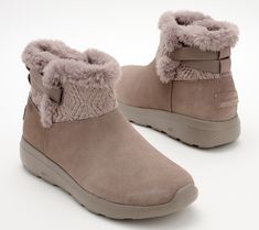 Cozy vibes only. But there's more to this snuggly lined Skechers boot than just warm and fuzzies! The go-everywhere suede shortie is water-repellent (take that, pop-up showers) and crafted with the brand's iconic Goga Mat insole. So whether you're walking the dog, dashing for dinner, or just padding around your pad, it feels like one big winter reset.  And did you notice the apres-ski style moment? Trend-right knit texture makes them a little different than the usual Skechers fare -- so you get Cozy Winter Boots With Plush Lining, Brown Casual Boots, Skechers Boots, Apres Ski Style, Waterproof Snow Boots, Ski Fashion, Everyday Shoes, Cozy Vibes, Skechers Women