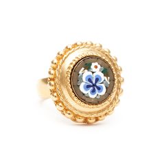 gold plated ring inlyaed with mosaic Heirloom Gold Dome Ring With Cabochon, Unique Gold Enamel Ring For Formal Occasions, Heirloom Gold Flower Ring, Gold Open Ring With Cabochon Jewelry, Unique Gold Enamel Ring, Victorian Gold Enamel Ceremonial Ring, Handmade Gold Enamel Ring For Anniversary, Elegant Gold Flower Metal Ring, Antique Gold Enamel Ring For Wedding