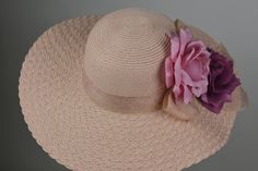 "This hat will surely bring you compliments! There is a tie on the inside of the hat that helps adjust the size from large to small. Brims are approx. 5\". One size hat ( 20.5\"- 21.5\") Please feel free to ask me any questions or special requests. Thank you very much for shopping at my shop. Have a great day!" Summer Party Hats With Flower Shape, Flower Shaped Summer Party Hats, Flower-shaped Summer Party Hat, Pink Fedora Sun Hat For Party, Elegant Beach Hats With Handmade Flowers, Elegant Flower Mini Hats For The Beach, Elegant Flower Mini Hats For Beach, Elegant Rose Party Hat, Feminine Summer Party Hats