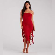 New With Tags Stretch And Double Lined Red Ruffle Hem Midi Dress For Party, Red Midi Dress With Ruffle Hem For Party, Red Midi-length Dress With Ruffle Hem, Red Midi Dress With Ruffle Hem, Red Ruffled Midi Dress For Night Out, Corset Outfits, Ruffled Midi Dress, Red Ruffle Dress, Sequin Dress Party