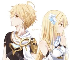 two anime characters with blonde hair and blue eyes, one is wearing a white dress