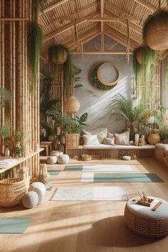 an indoor yoga room with bamboo walls and flooring, potted plants on the wall