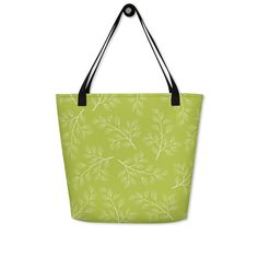 "Modern, botanical print of chartreuse green leaves. This pretty tote bag is perfect for carrying everything thing you need for a day out, the larger size is great for a school bag, and the medium is a great all purpose tote or reusable shopping bag.  Medium Tote Bag: - 15\" x 15\" (38.1cm x 38.1cm) - Sturdy construction, with 100% polyester fabric with vibrant colors that won't fade, and can hold up to 44 lbs! - Comfortable, natural cotton bull denim handles, make this bag easy to carry. length 11.8\" (30 cm), width 1\" (2.5cm) Large tote bag: - 16 x 20 inches - Sturdy construction, with 100% polyester fabric with vibrant colors that won't fade, and can hold up to 44 lbs! - Large inside pocket, so smaller items like your phone and keys are easy to find - Comfortable cotton webbing handles Eco-friendly Green Bags For Vacation, Eco-friendly Green Vacation Bags, Everyday Rectangular Bag With Plant Print, Green Bag For Summer Gifts, Green Bags As Summer Gifts, Green Bags For Summer Gifts, Eco-friendly Green Tote Bag, Green Rectangular Beach Bag For Travel, Green Tote Bag With Eco-friendly Ink