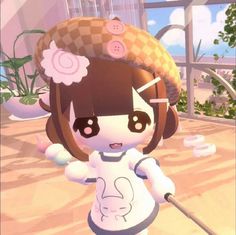 an animal crossing character with a hat on her head, holding a cane in front of a window