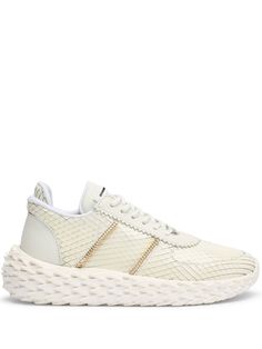 cream white leather contrasting panel detail round toe front lace-up fastening logo patch at the tongue branded insole rubber sole Sneakers White, Giuseppe Zanotti, Cream White, Leather Sneakers, White Leather, Patch Logo, Rubber Sole, High Heels, Shoes Sneakers