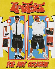 an advertisement featuring two young men in shorts and ties, with the caption for any occasion