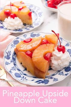 pineapple upside down cake with whipped cream and cherries on the top is shown