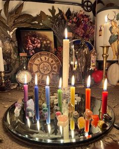 a tray with many candles on top of it