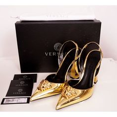 HTML 5 Template   NEW $1,125 VERSACE Gold Leather La Medusa Slingback Pumps Point Toe Heels Size(s) 37 (US 7) Description New with box and dustbag. Purchased from Versace. Retail $1,225. Photos are of the actual item. Authentic Versace heels in a classic style with bold metallic tone. Smooth gold leather with large gold-tone Medusa head. Slingback. Slip on style. Point toe. Leather lining and leather soles. Angular heels. Style 1001207. Made in Italy. Makes a great wedding shoe or for the office. * All items are clean and from a non-smoking home. *                                           ** Payment is expected within 5 days. Please read measurement carefully as sizes vary with designers, please ask for additional measurements if you are unsure. No refunds but exchange is permitted. Items Gold Shoes Heels, Versace Heels, Versace Gold, Gold Heels, Pointed Toe Heels, Slingback Heel, Slingback Pump, Gold Leather, Luxury Shoes