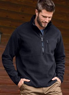 When it's time to layer up, the Jockey® Outdoors Fleece Half Zip adds the perfect mix of warmth and versatility. This plush fleece half zip is insulated and water repellent to help keep you toasty and protected when you're out in the elements. Mixing durability and style, this half zip can be worn open for a casual feel or zipped up for extra warmth on cold days. The stretch cuffs and hem provide a comfortable fit and added insulation. Keep your phone, keys, and more handy and secure in the ches Mens Outfits Sweatshirt, Mens Sport Outfits, Eddie Bauer Mens Outfits, Outdoor Half-zip Fleece Jacket, Half-zip Fleece Jacket For Outdoor, Outdoor Winter Half-zip Fleece Jacket, Winter Outdoor Half-zip Fleece Jacket, Black Half-zip Outdoor Fleece Jacket, Black Half-zip Fleece Jacket For Outdoor