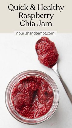 A jar of chia jam filled to the brim with a spoon of chia jam sitting off to the side. Homemade Raspberry Jam, Tapioca Pudding, Frozen Raspberries, Edible Seeds, Recipe Email