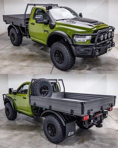 two pictures of the same truck in different positions, one is green and the other is black