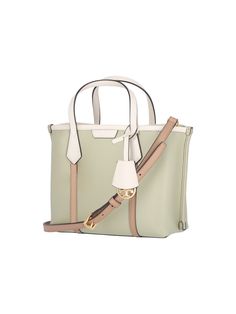 Tory Burch 'Perry' small tote bag in green leather with white details, two top handles, removable keyring, beige removable adjustable shoulder strap, front logo label, two beige patch bands at the front back, inner zip pocket, inner flat pocket, two separate inner compartments. Composition: 100% Leather Red Valentino Shoes, American Fashion Designers, Small Tote Bag, Valentino Shoes, Tory Burch Bags, Tory Burch Bag, Small Tote, Sneaker Wedge, Green Leather