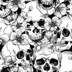 three skulls with flowers on their heads are shown in this black and white drawing technique