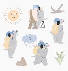 an illustration of koalas and other animals in various poses, with the sun above them