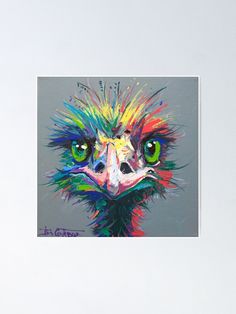 an ostrich's face with colorful feathers poster