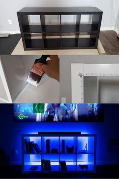 there are three different pictures in the same room, one with blue lighting and another with black furniture