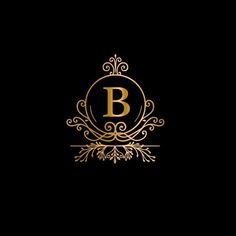 the letter b is surrounded by an elegant frame with leaves and scrolls in gold on a black background