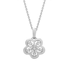 Beautiful diamond flower pendant that'll add sparkle to your everyday wardrobe. The dainty Peony diamond flower pendant is the perfect subtle statement piece. - 18" Length with Spring Ring Clasp - SI1 Diamond Clarity - H-I Diamond Color - Total Carat weight: 1/10 CT - Available in 10K YG, 10K WG, 10K RG, 14K YG, 14K WG, 14K RG - Ethically sourced materials and conflict-free diamonds - Fully compliant with The Kimberley Process - Chain included - Certificate of authenticity included Diamond Jewelry With Flower Charm, Flower-shaped Diamond Necklace With Single Cut Diamonds, Delicate White Gold Flower Pendant Necklace, Flower Shaped Diamond Necklace With Single Cut Diamonds, Brilliant Cut Flower Pendant Jewelry, Rose Gold Diamond Necklace With Flower Pendant, Sterling Silver Diamond Flower Pendant Necklace, White Gold Flower Shaped Necklace, White Gold Flower Shaped Necklace For Anniversary