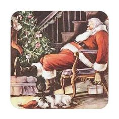 a santa clause sitting in front of a christmas tree with his feet on the ground