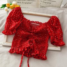 Cute floral drawstring crop top Material: blended Color: red, white, black Size(cm): free size length 28 bust 80-90 Blouse 2023, Aesthetic Outfits Vintage, Stylish Crop Top, Y2k Aesthetic Outfits, Women Blouse, French Women, Long Sleeve Lace Dress, Women Cargos, Spring Shirts