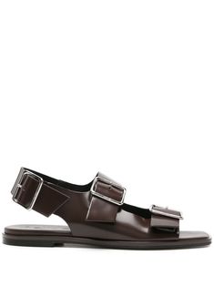 chocolate brown calf leather patent finish two buckle-strap fastenings buckle-fastening slingback strap square open toe branded leather insole leather outsole Latest Sandal, Leather Strap Sandals, T Strap Flats, Sandals Brown, Strap Sandals Women, Brown Leather Sandals, Iconic Bags, Buckle Sandals, Brown Sandals