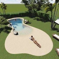 an artist's rendering of a man laying on the ground next to a swimming pool