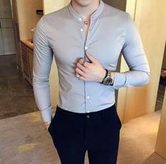 Fitted Gray Collared Shirt, Fitted Collared Gray Shirt, Fitted Casual Dress Shirt For Fall, Casual Fitted Dress Shirt For Fall, Classic Gray Formal Tops, Stretch Business Casual Shirt, Fitted Gray Business Top, Formal Gray Button-up Top, Formal Stretch Shirt For Summer