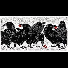 three black crows are standing in the snow with red eyes and beaks on their heads