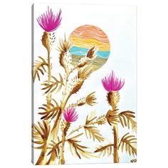 an image of thistles with the sun in the background on a wall mounted canvas