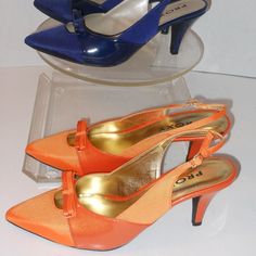 Brand: Proxy Color: Blue And Orange Size: 9.5 Width: Medium Material: Patent Leather And Textured Fastening: Buckle Fastening Heel Type: Chunky Heel: 3.5 Condition: Just Like New Import Orange Pointed Toe Slingback Pumps With Heel Strap, Orange Slingback Pumps For Formal Occasions, Formal Orange Heels With Removable Insole, Elegant Orange Slingback Pumps For Formal Occasions, Slingback Shoes, Blue And Orange, Heel Type, Chunky Heel, Chunky Heels