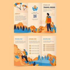 two fold travel brochure templates with mountains and trees in the background,