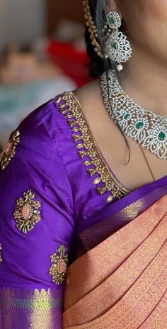 Paithani Saree Blouse Work Designs Latest, Violet Colour Aari Blouse Design, Beeds Work On Saree Blouse, Buties Work Blouse, Butties Maggam Work, Paithani Blouse Work Designs, Purple Blouse Work Designs, Aari Blouse Designs Latest