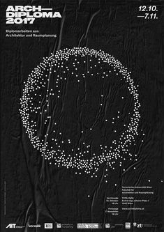 the poster for an art exhibition with white dots on black paper, in front of a circular