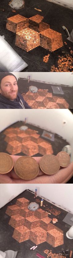 three pictures showing how to make a mosaic tile table top with coins on the floor