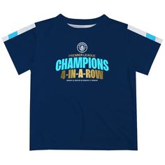 Manchester City Boys 4-Champions-In-A-Row T-Shirt V2 Graphic Print T-shirt For Football Season Fan Events, Team Spirit T-shirt With Sublimation Print For Fans, Team Spirit Streetwear T-shirt, Team Spirit T-shirt With Team Logo For Sports Events, Sporty Team-colored T-shirt For Fans, School Spirit T-shirt With Sublimation Print For Sports Events, Sporty Tops With Logo Print For Fan Events, Sports Season Tops With Team Logo For Fan Events, Team-colored T-shirt With Sublimation Print For Fans