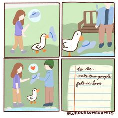 a comic strip with two people feeding ducks and one is holding a paper in his hand