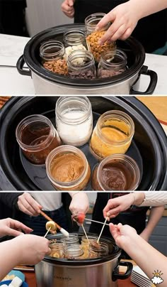 three pictures showing how to cook in the slow cooker