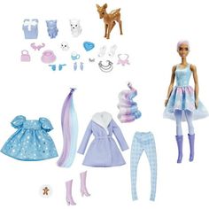 the doll is dressed in blue and has accessories