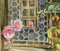 a painting of pink flowers in a vase on a window sill with an open window behind it