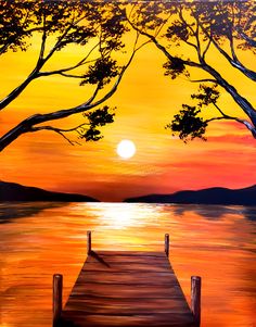 a painting of a dock at sunset with the sun in the distance and trees over water