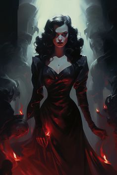 a woman in a long red dress standing next to some demonic creatures and looking at the camera